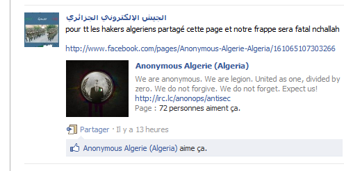 « Cette publication capturé de la page du groupe (armé électronique algérien, un groupe d’hacker loyal au gouvernement algérien), montre que ce groupe a voulu utilisé le nom d’anonymous pour regrouper le maximum d’hackers algériens afin de réussir leurs frappe,  l’attaque a échoué, le site était opérationnel durant toutes la nuit du 6 au 7 septembre ».